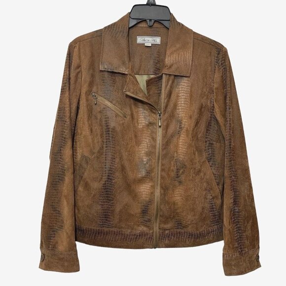 BIRCH HILL Snakeskin Moto Trucker‎ Jacket Women Medium Brown Multi Faux Suede - Picture 2 of 14